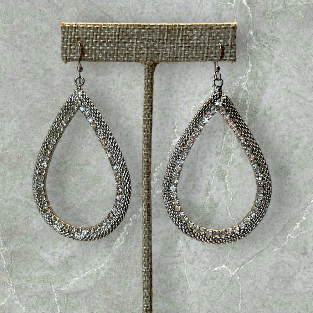 Stunning Silver and Rhinestone Large Teardrop Earrings ~ Pre-loved